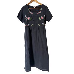 April Cornell Black Gauzy Dress Womens Sz M Floral Embroidered Boho Feminine